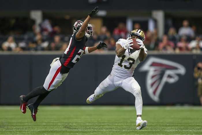 Sep 11, 2022; Saints receiver Michael Thomas (13) catches a pass over Falcons cornerback A.J. Terrell (24). Mandatory Credit: Brett Davis-USA TODAY Sports
